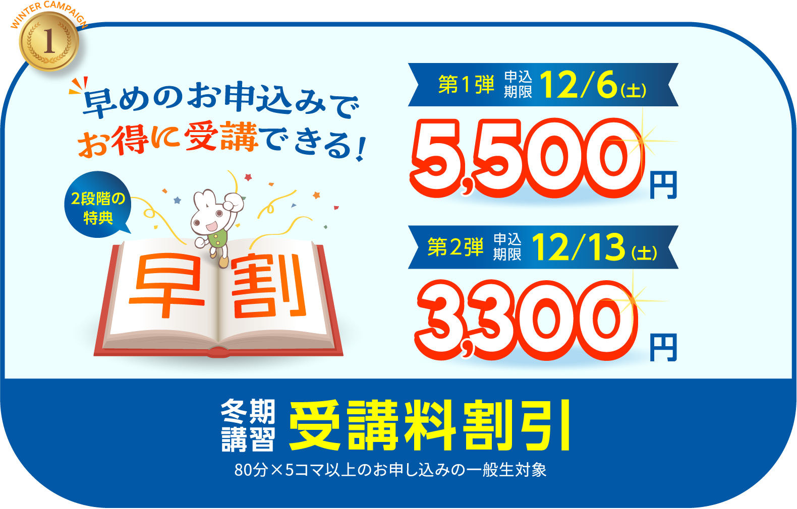 早めのお申込みでお得に受講できる！ 第1弾:申込期限12/6(土) 5500円 第2弾:申込期限１２/13(土) 3300円 冬期講習受講料割引 80分×5コマ以上のお申し込みの一般生対象