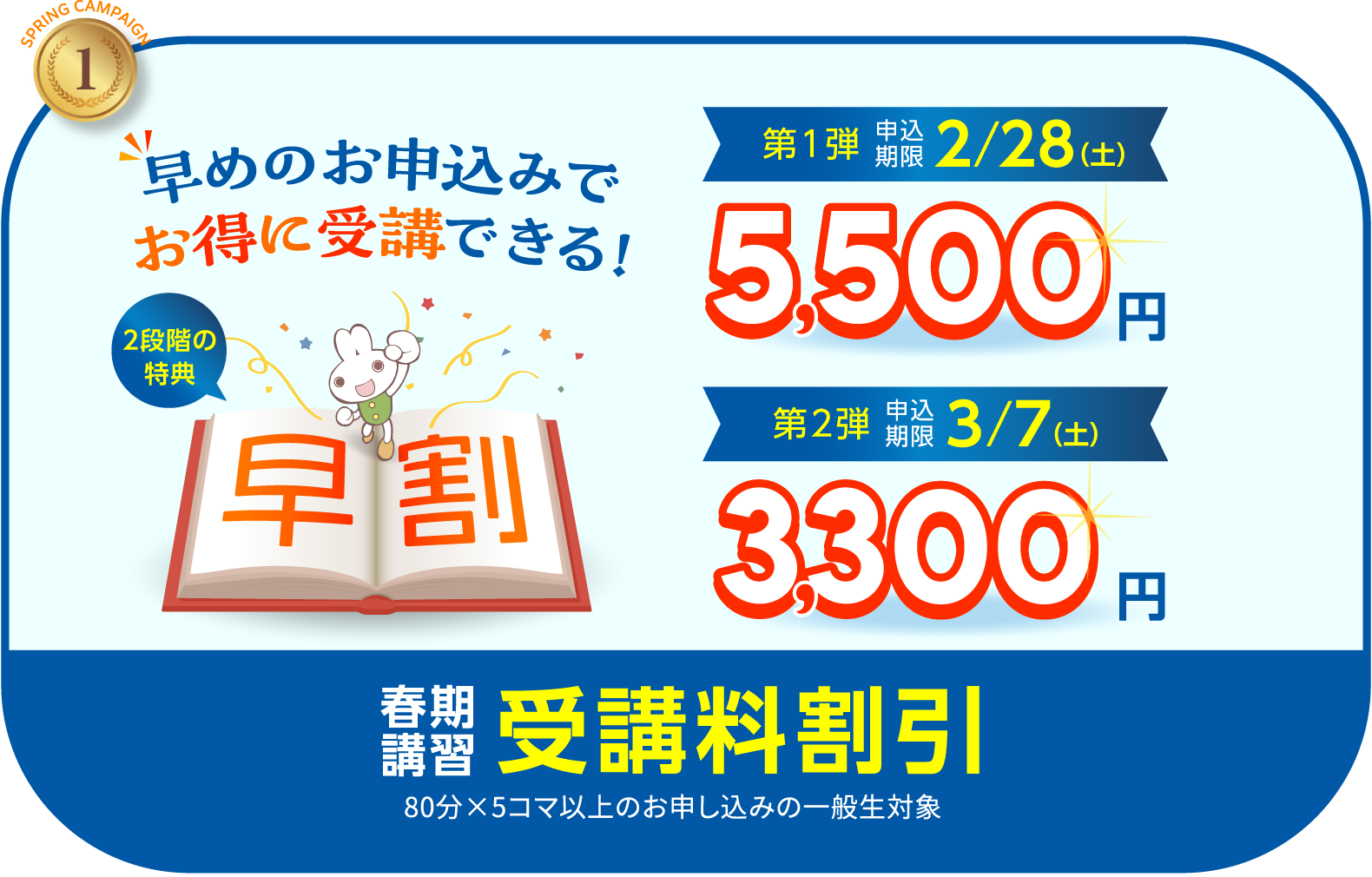 早めのお申込みでお得に受講できる！ 第1弾:申込期限12/6(土) 5500円 第2弾:申込期限1２/13(土) 3300円 春期講習受講料割引 80分×5コマ以上のお申し込みの一般生対象